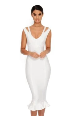 Frill Ride Peplum Hem Midi Dress In White