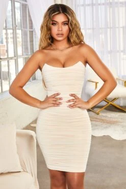 Forever Yours Ruched Bodycon Bandeau Midi Dress In Cream