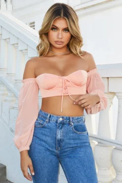 Dazed By You Off The Shoulder Underwired Crop Top In Peach