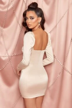 Extraordinary Satin Lace Up Puff Sleeve Mini Dress In Cream