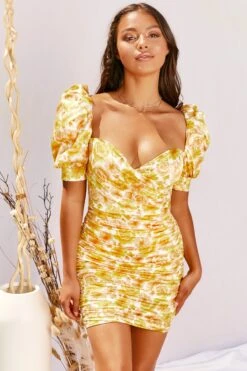 Puff Sleeve Wrap Front Mini Dress In Lemon