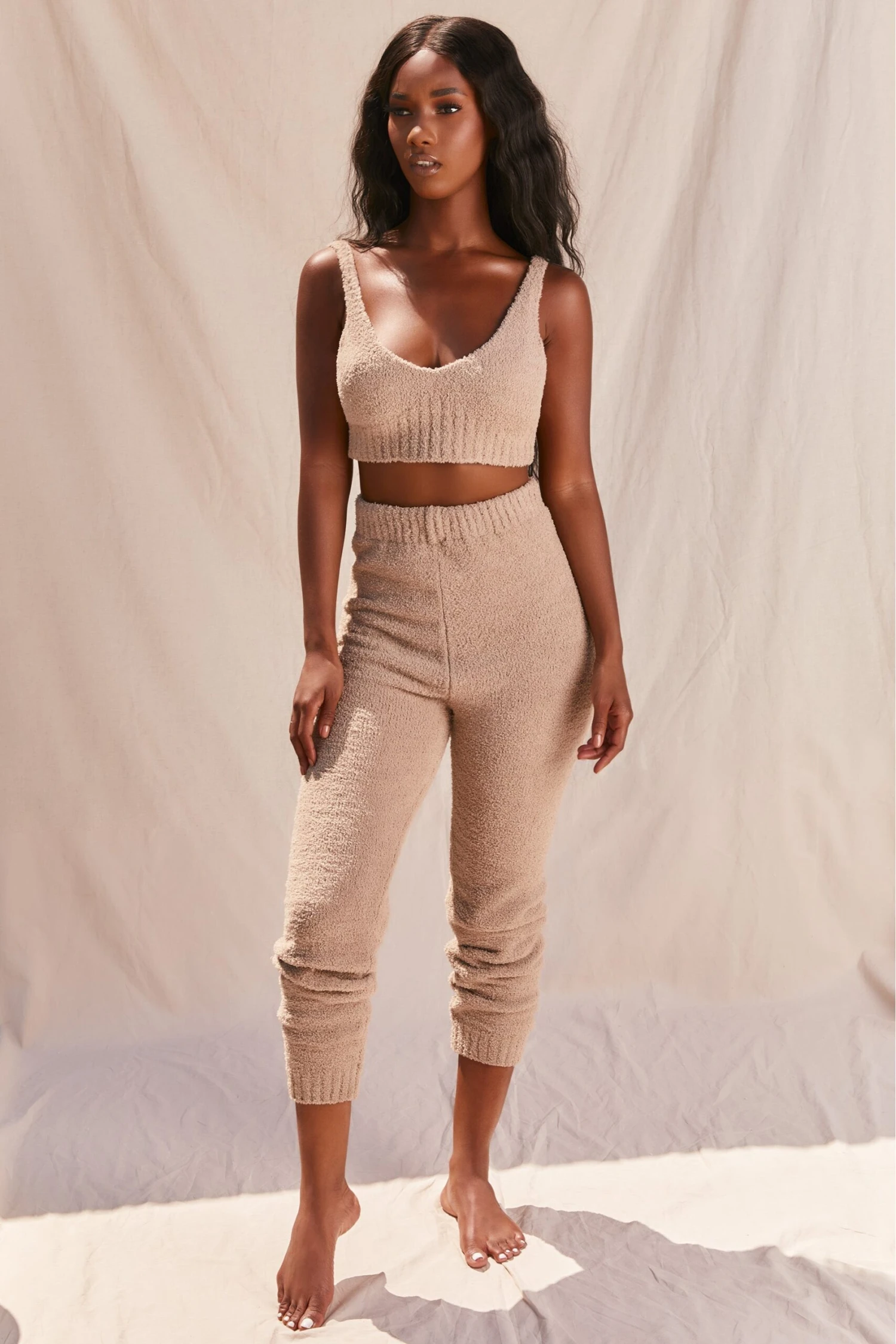 Cosy Low V Neck Tank Top In Sand - Image 3