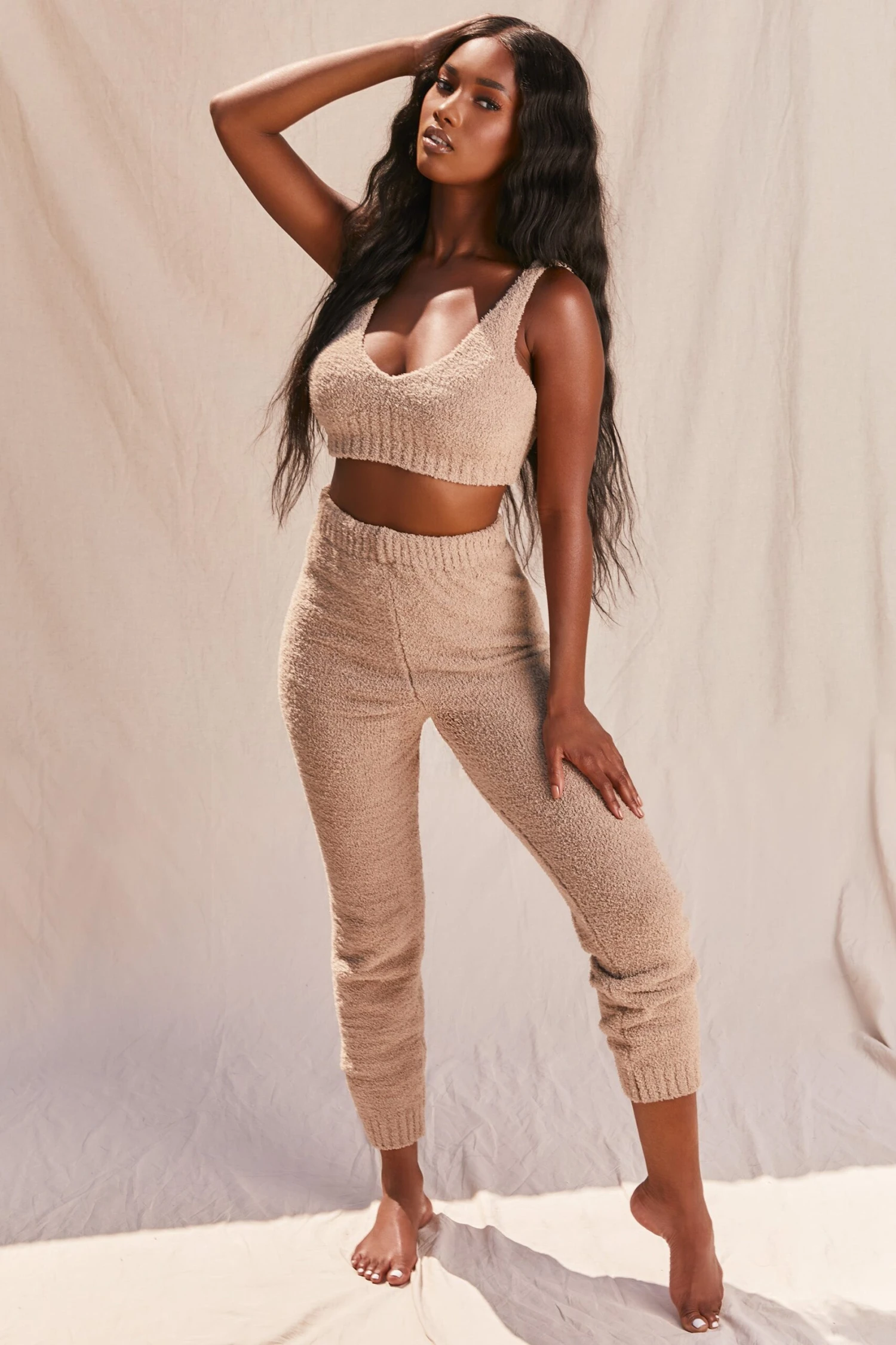 Cosy Low V Neck Tank Top In Sand - Image 7