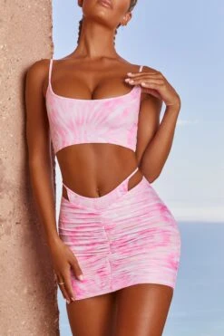 Imitation Thong Ruched Mini Skirt In Pink Tie Dye