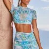 Sunset Rider Mesh Short Sleeve Crop Top In Blue Tie Dye