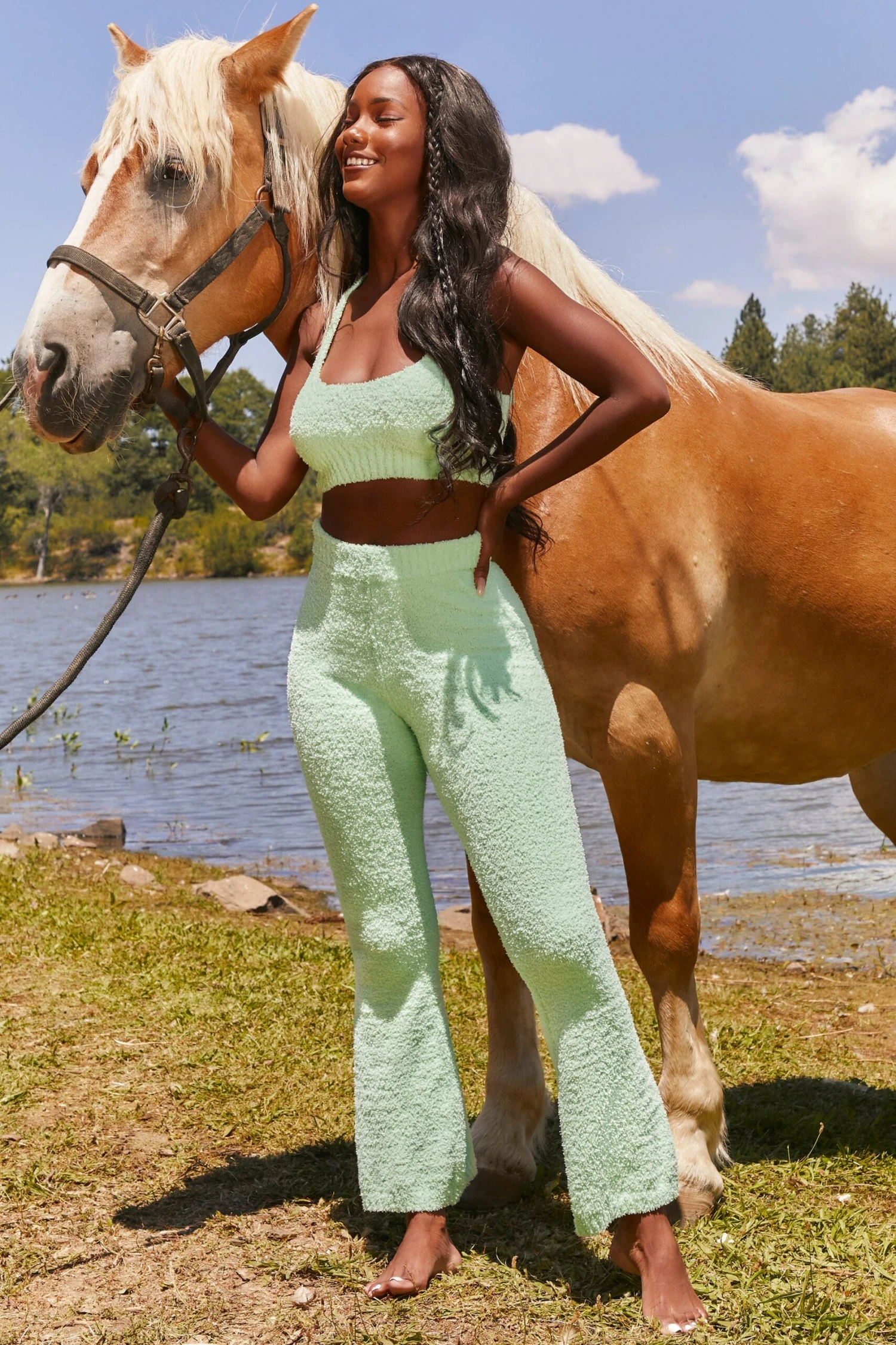 Until Further Notice Cosy Flared Leg Trousers In Green - Image 3