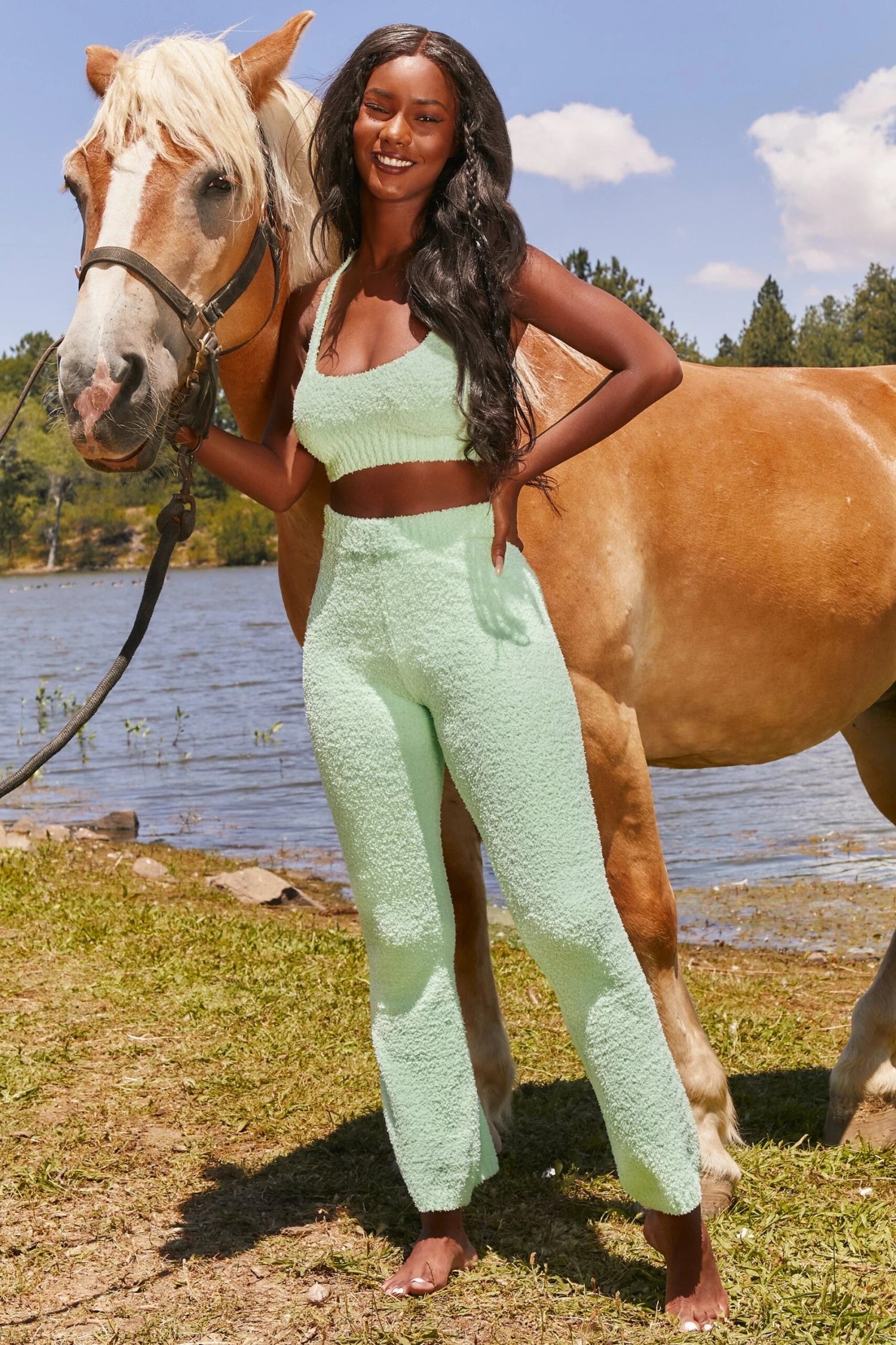 Until Further Notice Cosy Flared Leg Trousers In Green - Image 2