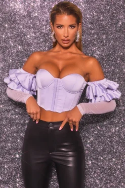 Bardot Long Ruffle Sleeve Corset Crop Top In Lilac