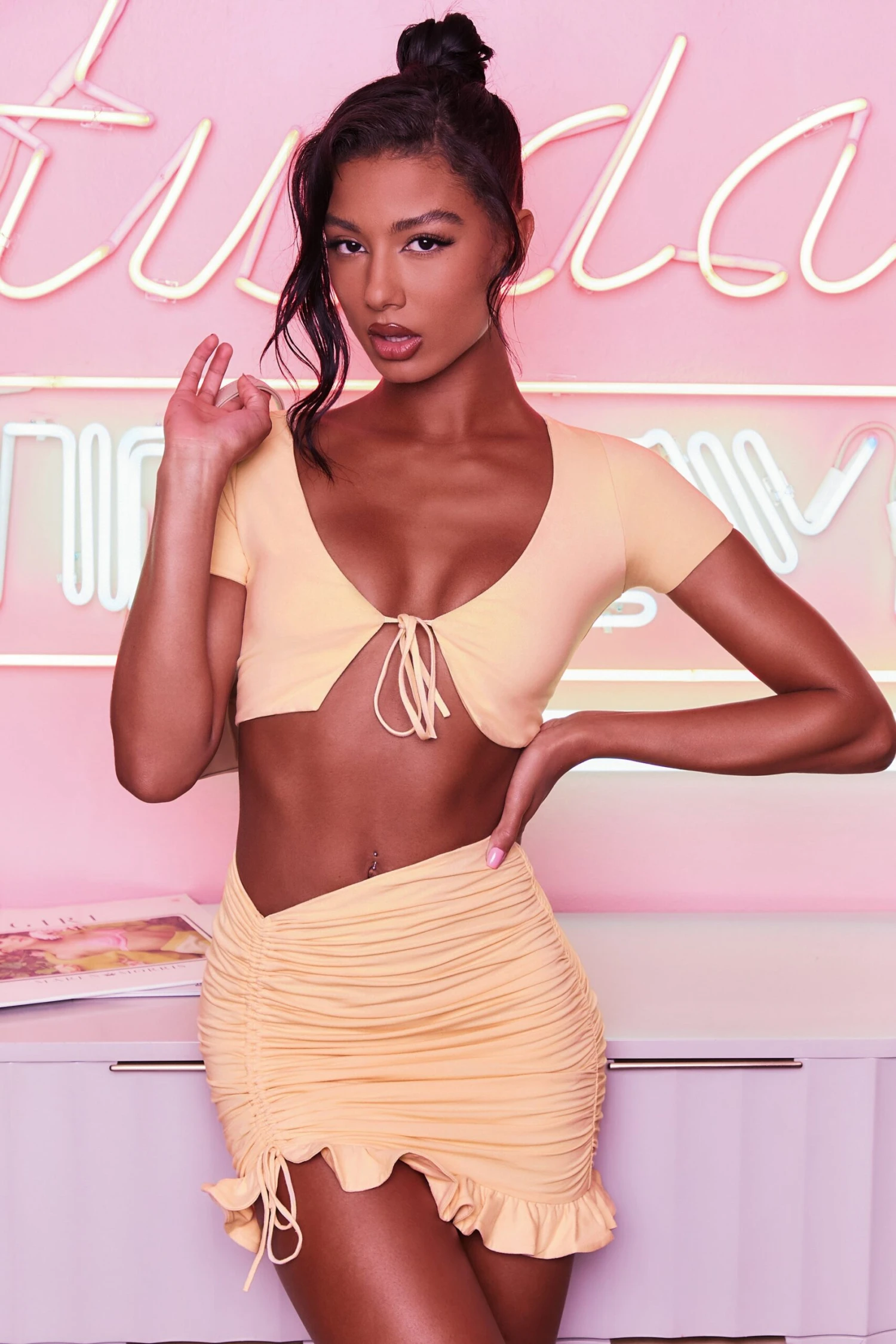 Ruched Bodycon Mini Skirt In Peach