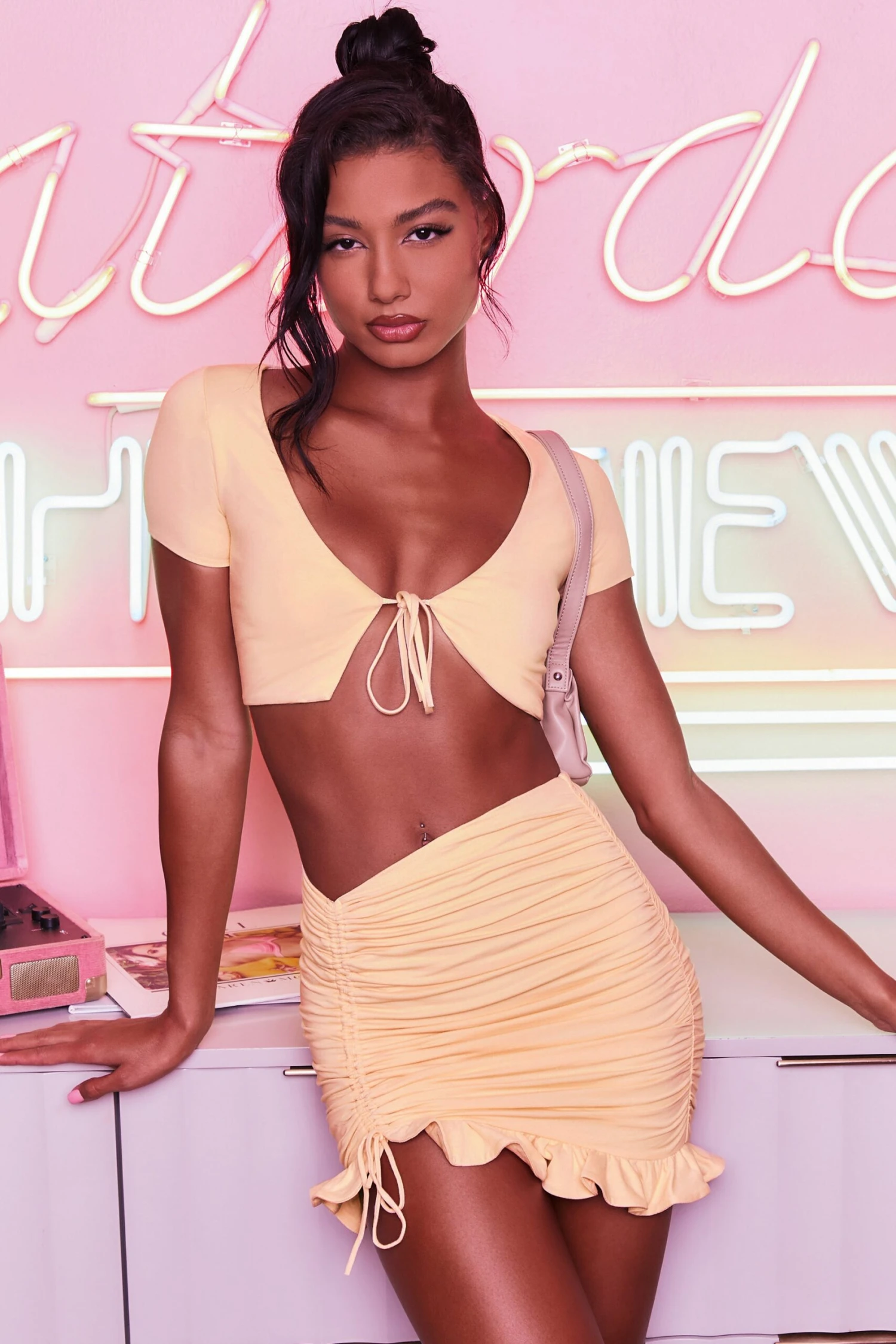 Ruched Bodycon Mini Skirt In Peach - Image 4