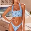 Square Neck Halter Bikini Top In Blue Butterfly Print