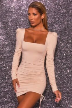 Oh So Flattering Long Sleeve Ruched Mini Dress In Cream