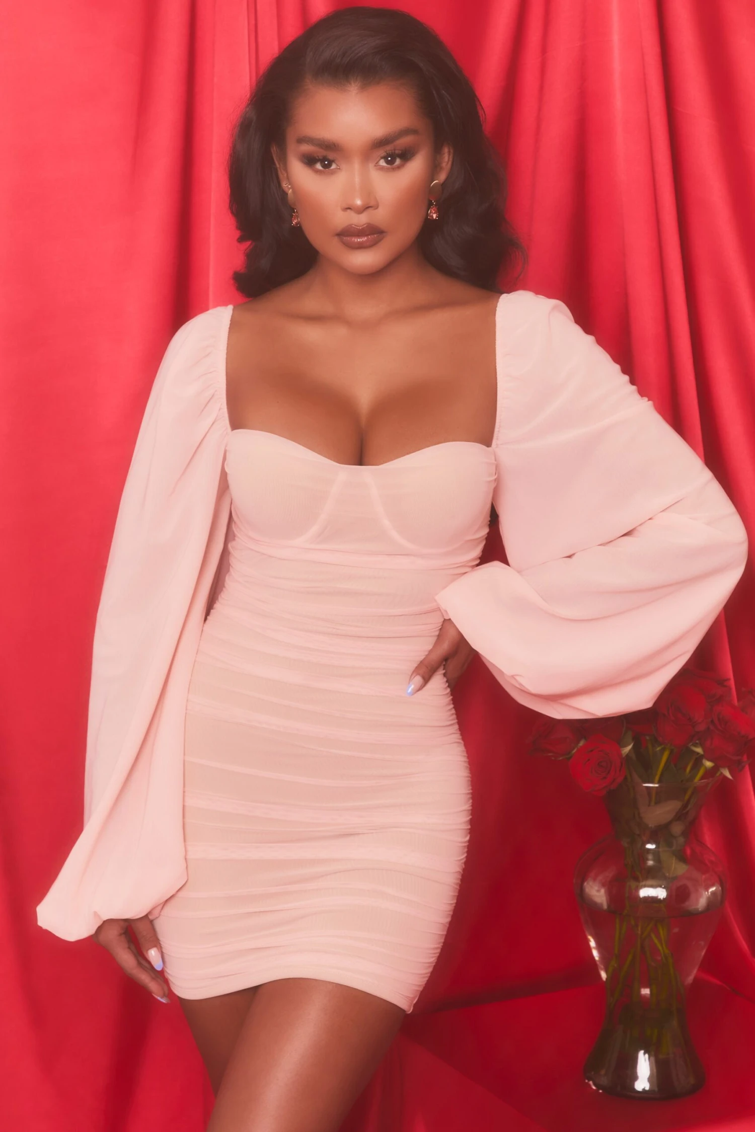 Long Puff Sleeve Ruched Mesh Mini Dress In Blush - Image 7