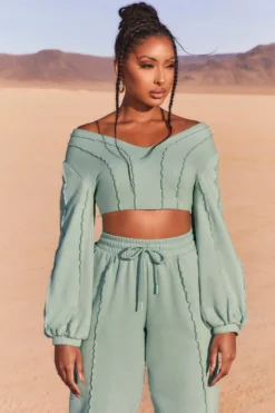 Uncovered Exposed Seam Bardot Crop Top In Blue