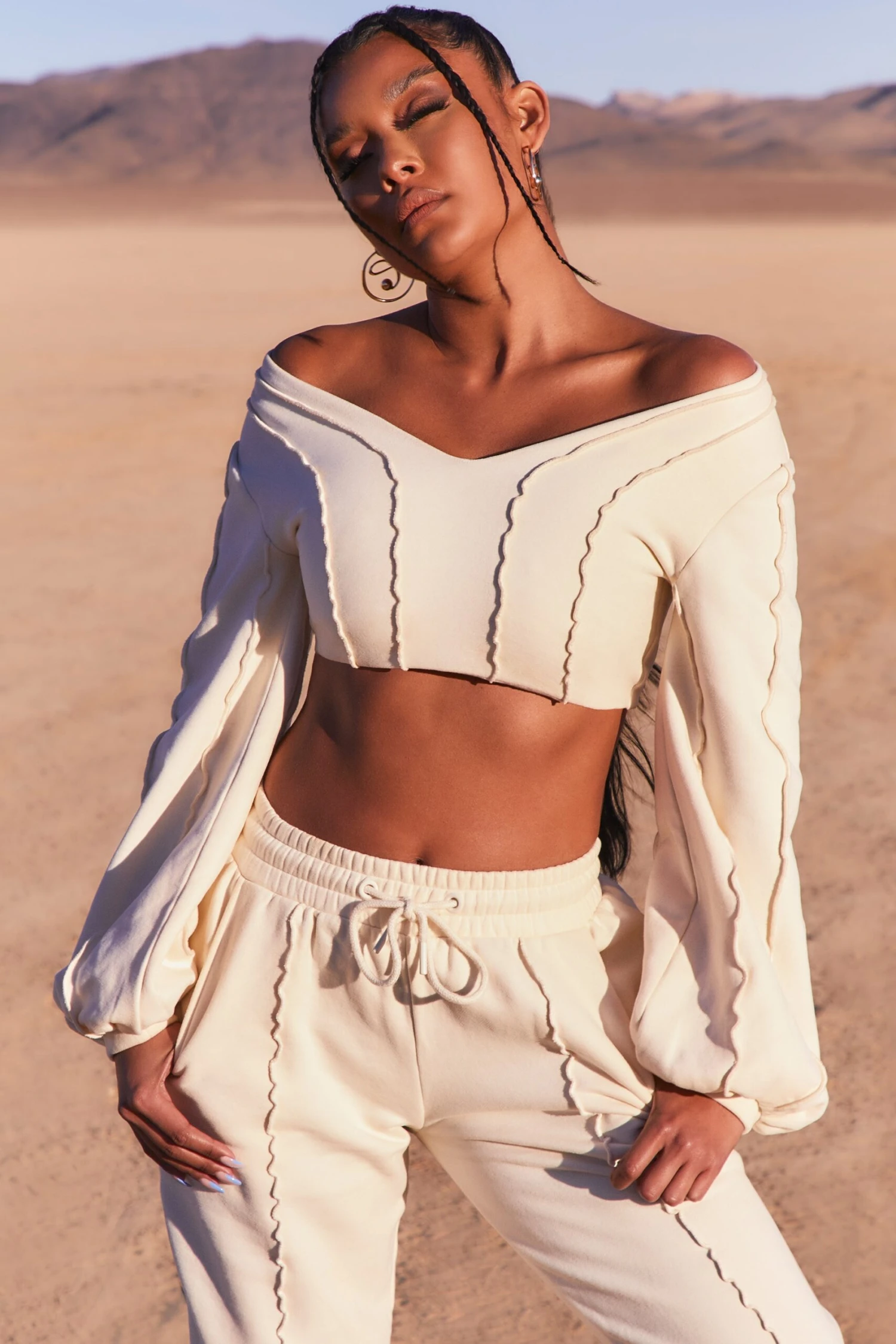 Uncovered Exposed Seam Bardot Crop Top In Ivory - Image 5