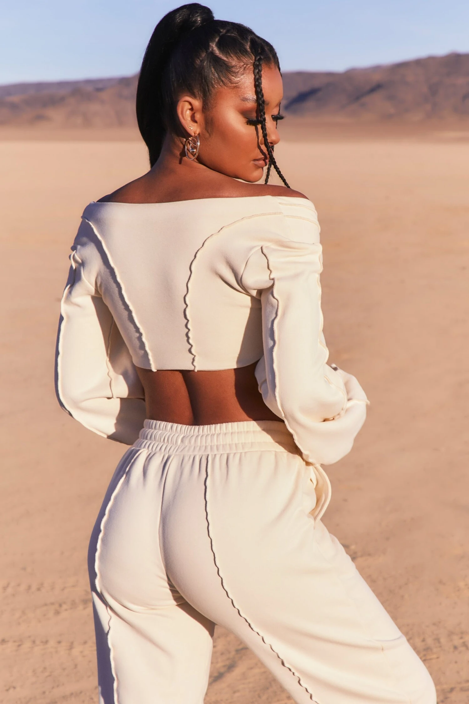 Uncovered Exposed Seam Bardot Crop Top In Ivory - Image 3