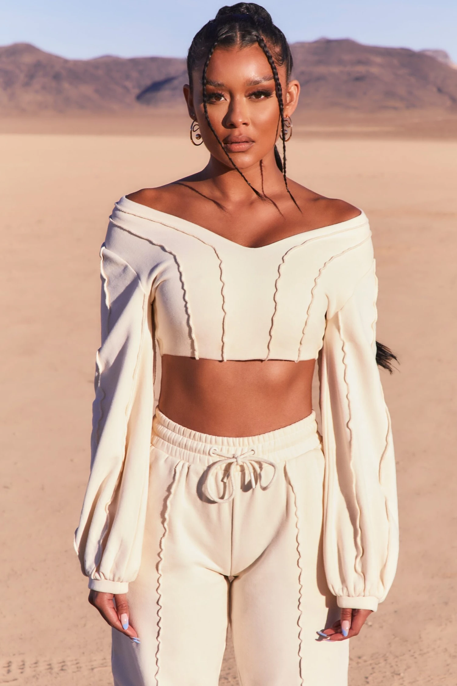 Uncovered Exposed Seam Bardot Crop Top In Ivory - Image 8