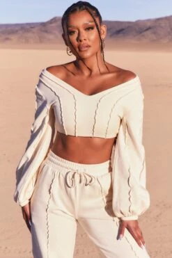 Uncovered Exposed Seam Bardot Crop Top In Ivory