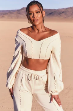 Uncovered Exposed Seam Bardot Crop Top In Ivory