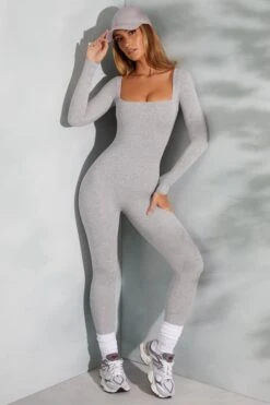 Square Neck Long Sleeve Jumpsuit In Marled Grey