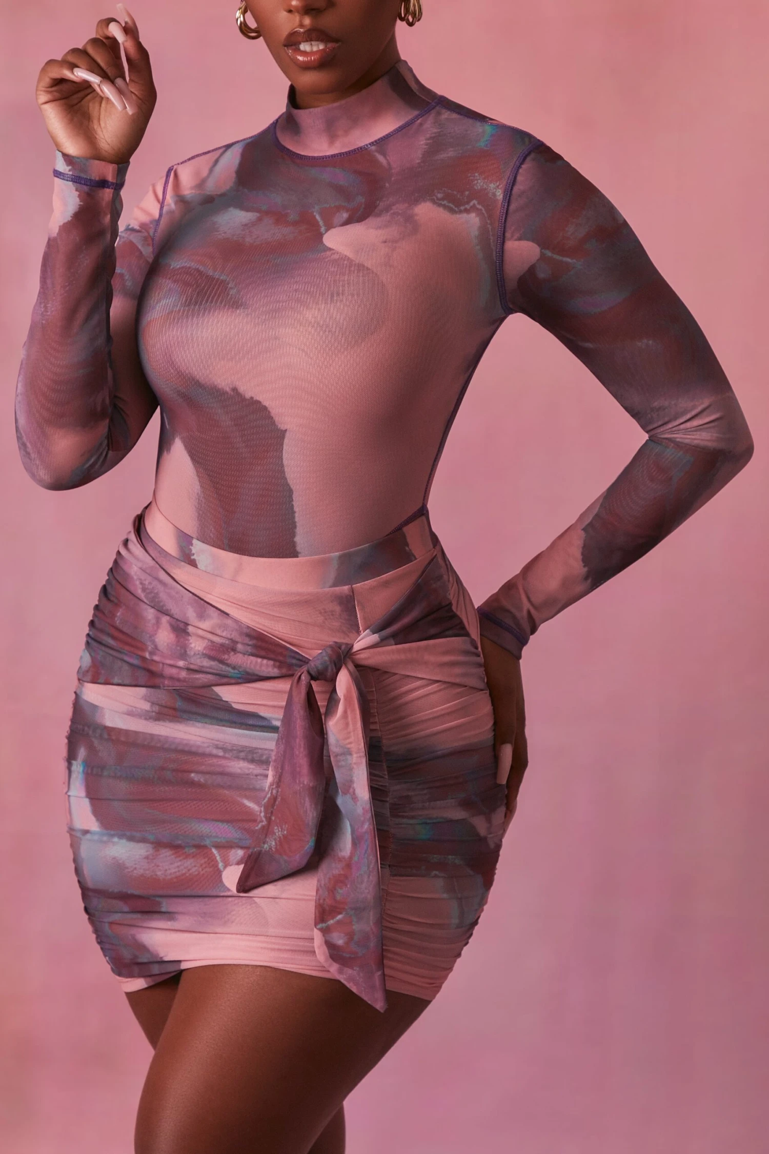 High Neck Long Sleeve Mesh Bodysuit In Blush - Image 5