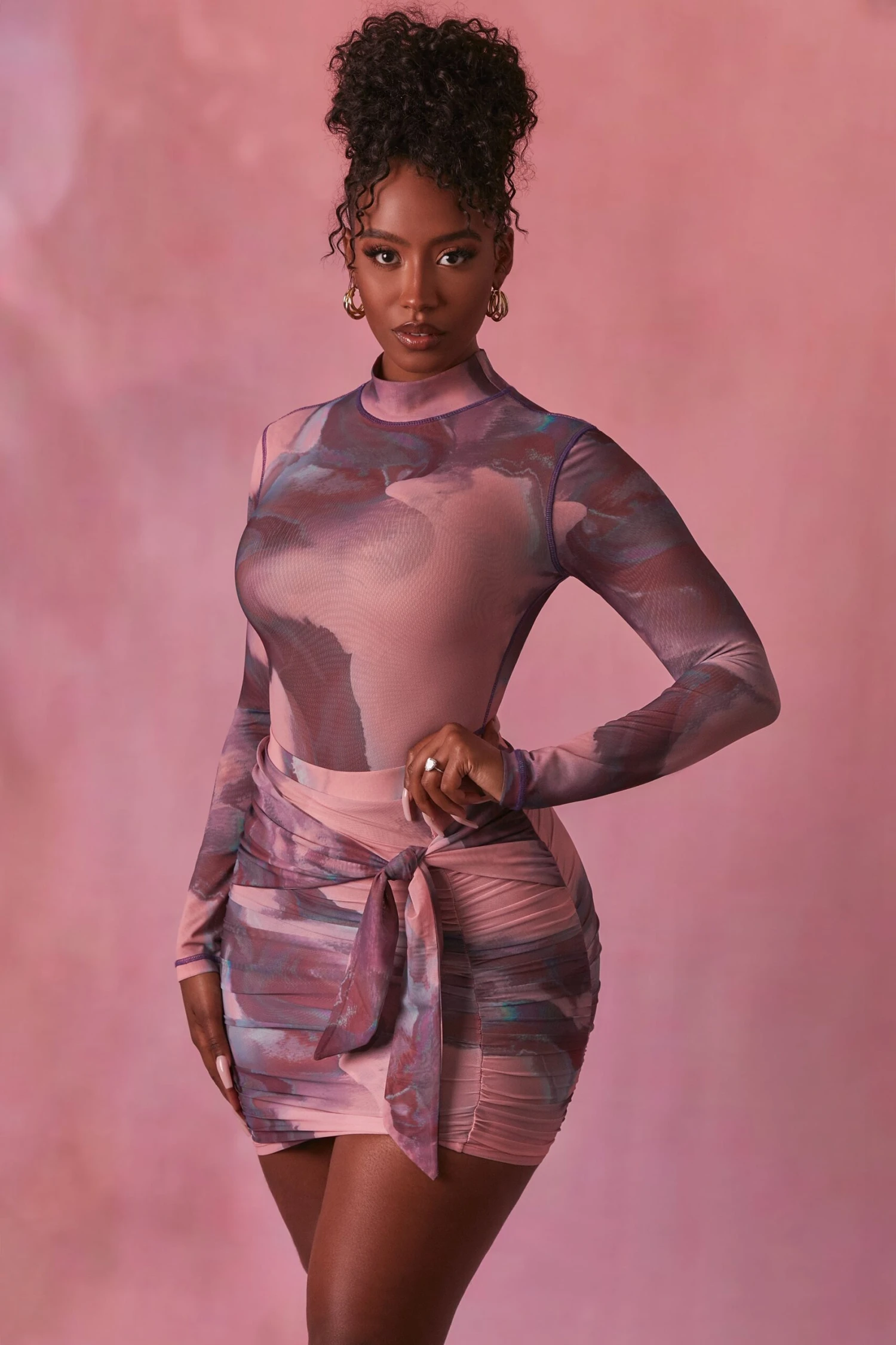 High Neck Long Sleeve Mesh Bodysuit In Blush - Image 6