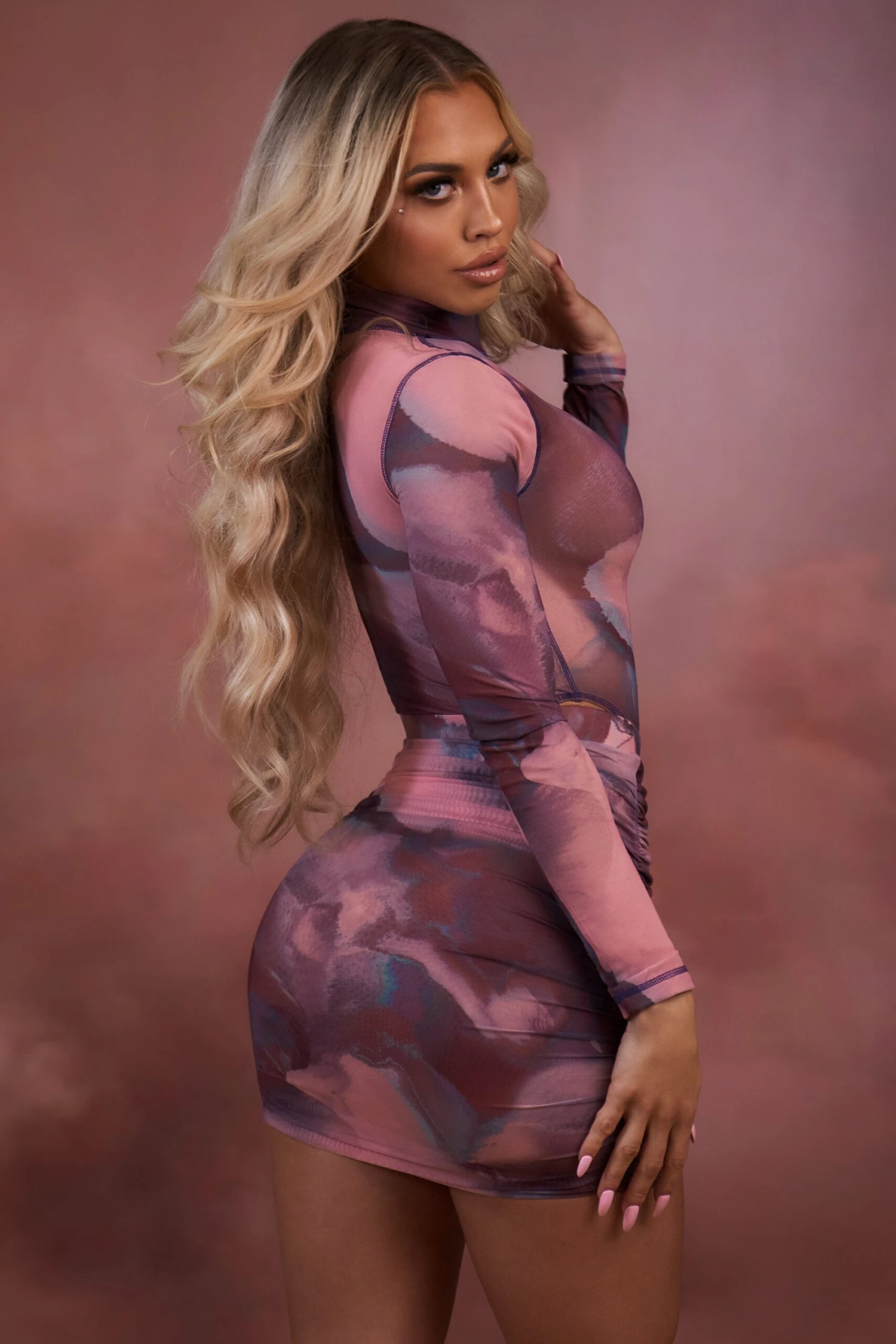 High Neck Long Sleeve Mesh Bodysuit In Blush - Image 8