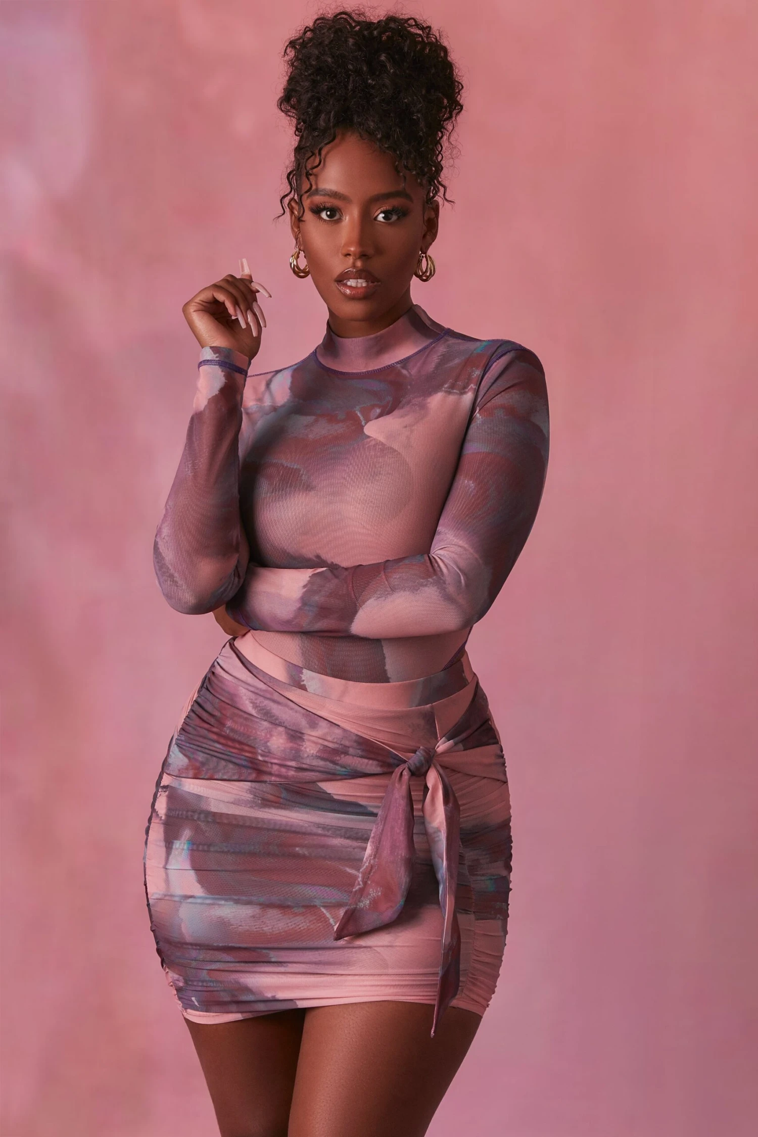 High Neck Long Sleeve Mesh Bodysuit In Blush - Image 4