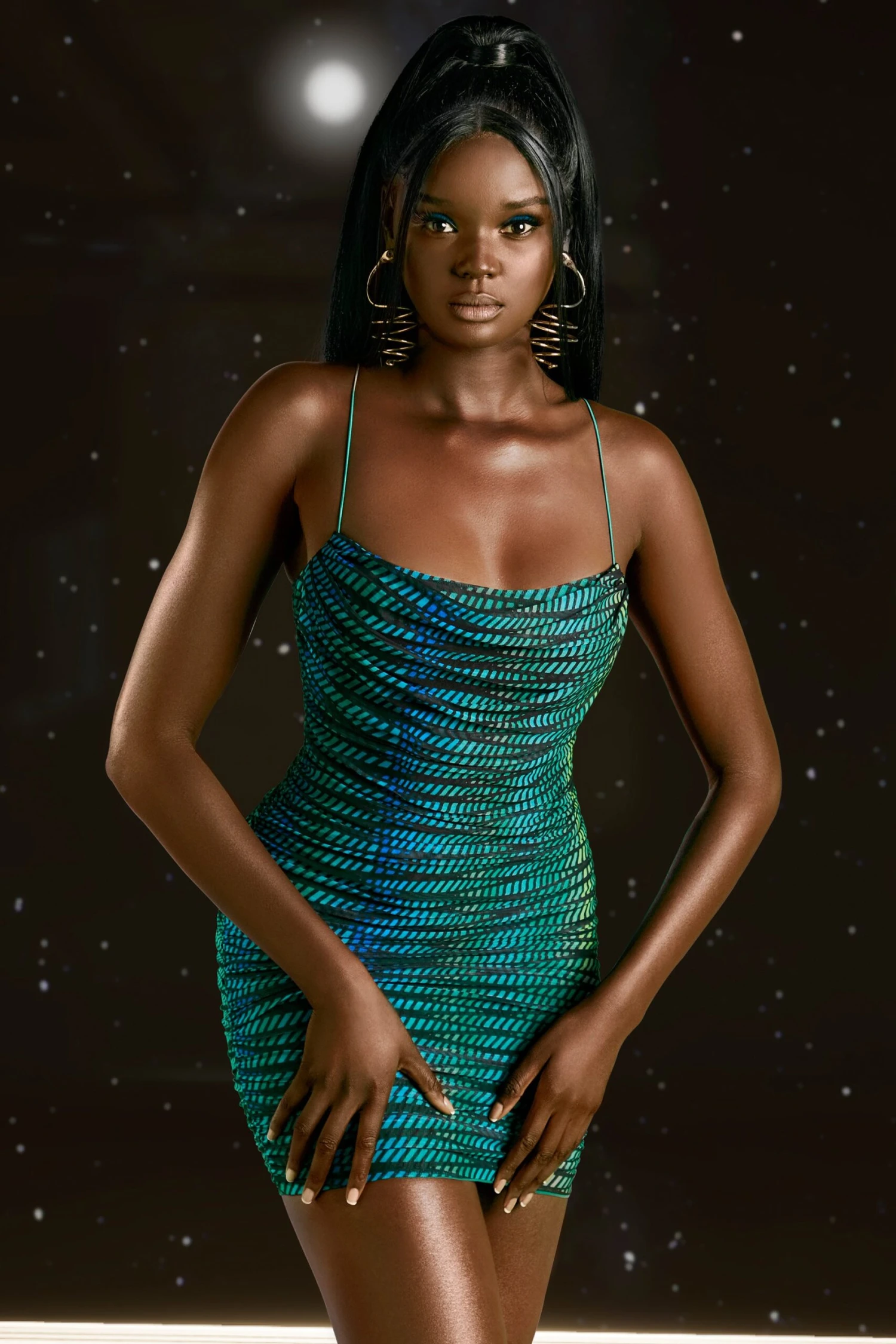 Cowl Neck Ruched Mini Dress In Striped Print