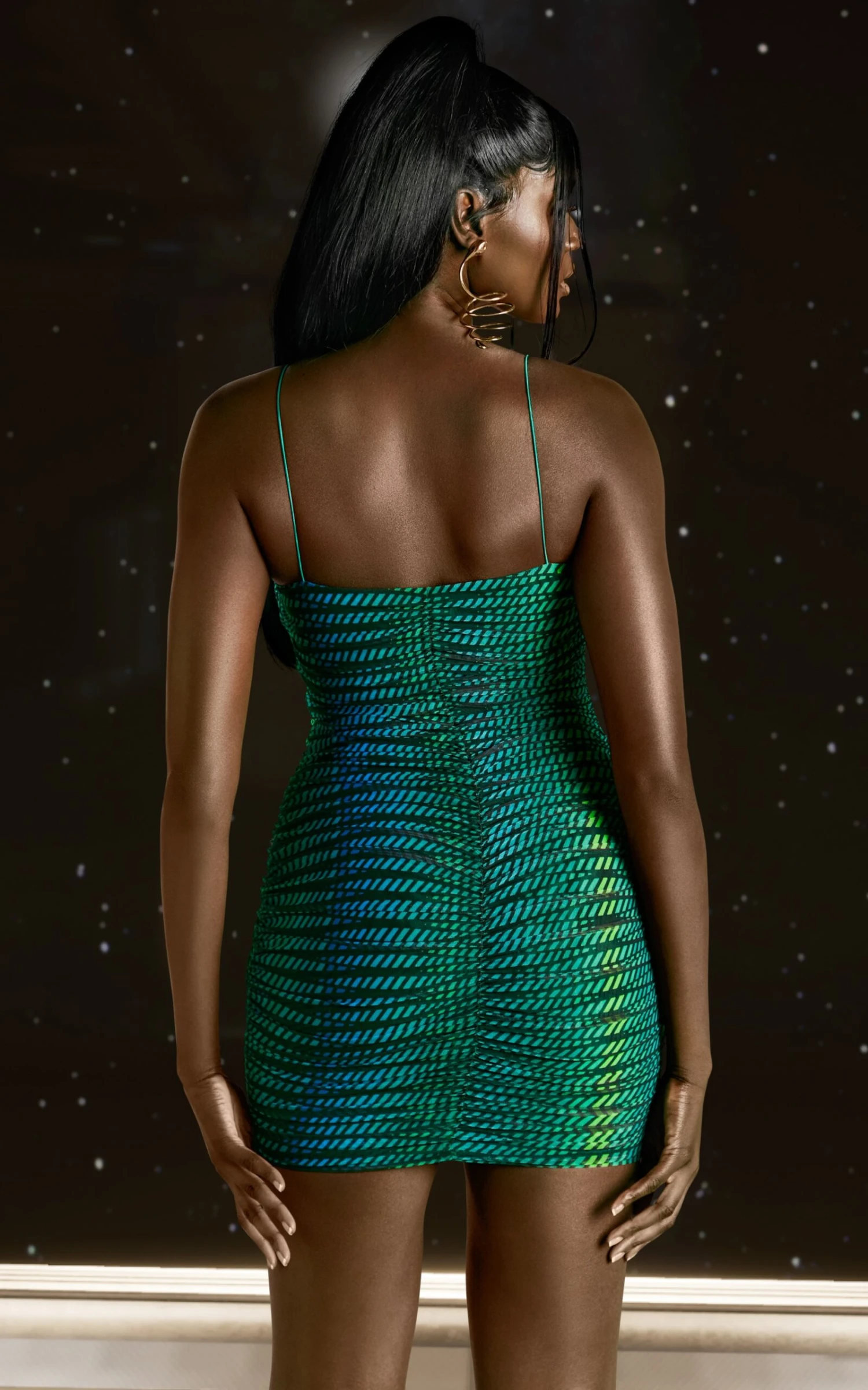 Cowl Neck Ruched Mini Dress In Striped Print - Image 2