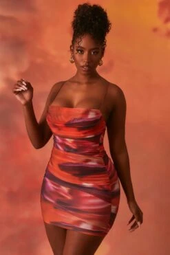 Lunar Sleeveless Bodycon Ruched Mesh Mini Dress In Orange