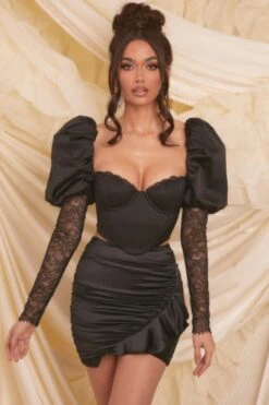 Puff Sleeve Satin Lace Crop Top In Black