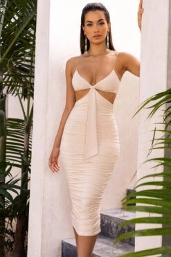 Get The Glow Cut Out Ruched Midi Dress In Cream