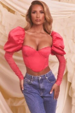 Puff Sleeve Satin Lace Crop Top In Hot Pink