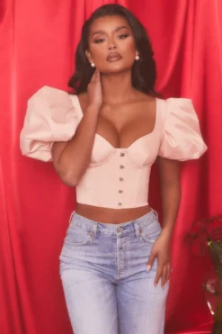 Short Puff Sleeve Corset Crop Top In Blush