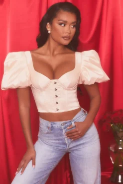 Short Puff Sleeve Corset Crop Top In Oyster White