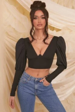 Plunge Neck Puff Sleeve Crop Top In Black