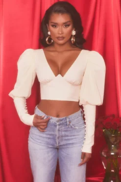 Plunge Neck Puff Sleeve Crop Top In Oyster White