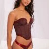 Plunge Neck Lace Trim Corset Crop Top In Burgundy