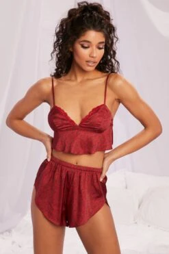 Leopard Print Frill Satin Bralet In Red