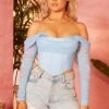 Mesh Bardot Crop Top In Light Blue