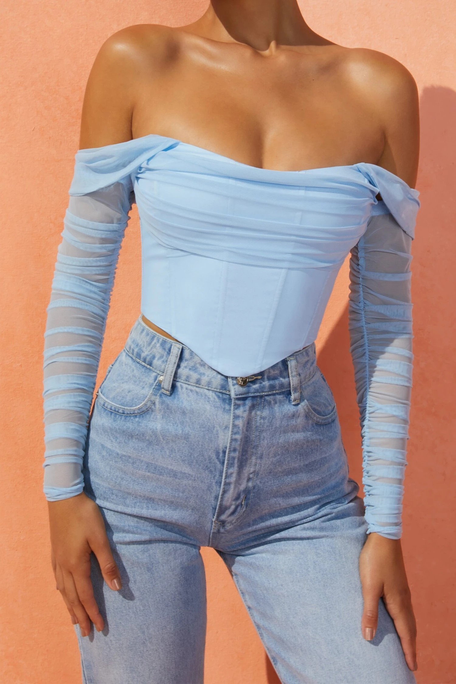 Mesh Bardot Crop Top In Light Blue - Image 8
