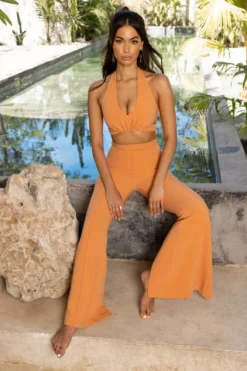 Tall Split Hem Flared Trousers In Caramel