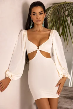 Balloon Sleeve Cut Out Mini Dress In Cream