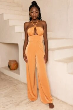 Cut Out Halter Neck Jumpsuit In Caramel