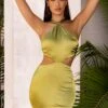 Knot Detail Halter Neck Satin Mini Dress In Olive