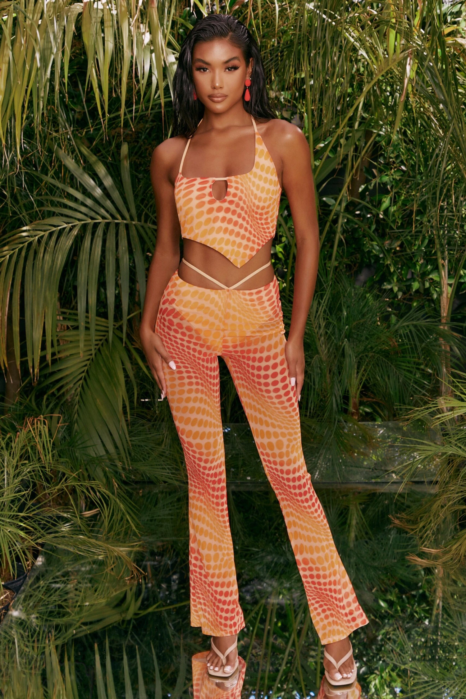 Tall Printed Mesh Flared Trousers In Orange - Image 4
