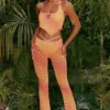 Tall Printed Mesh Flared Trousers In Orange