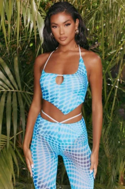 Printed Mesh Crop Top In Blue