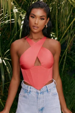 Hand On Heart Satin Keyhole Corset Crop Top In Pink